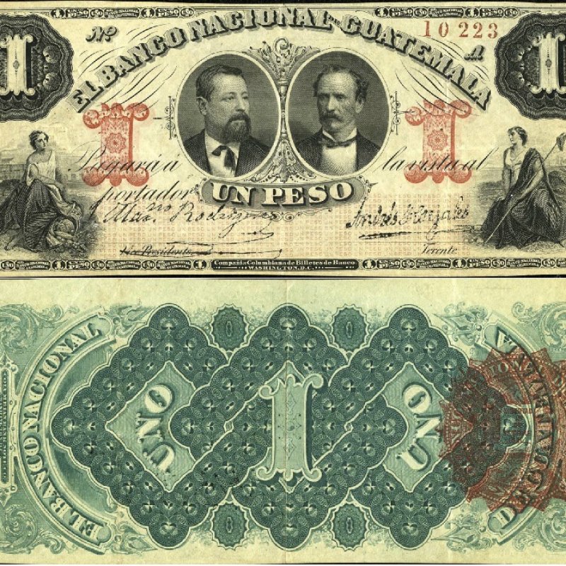 Imagen: Billete de 1 Peso del Banco Nacional de Guatemala, 1874
