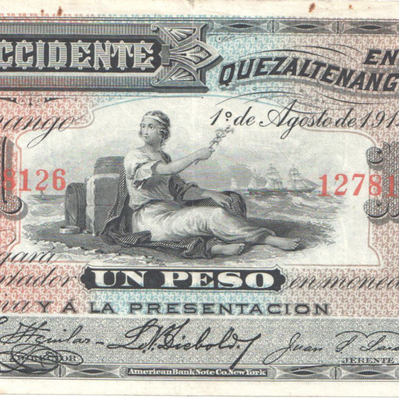 Imagen: Billete de 1 Peso, 1914 – Banco de Occidente (Siglo XIX, ca. 1880s)